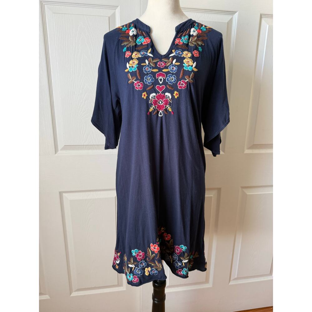 Johnny Was Navy Floral Embroidered Flutter Sleeve Boho Dress Size XS | Oversized